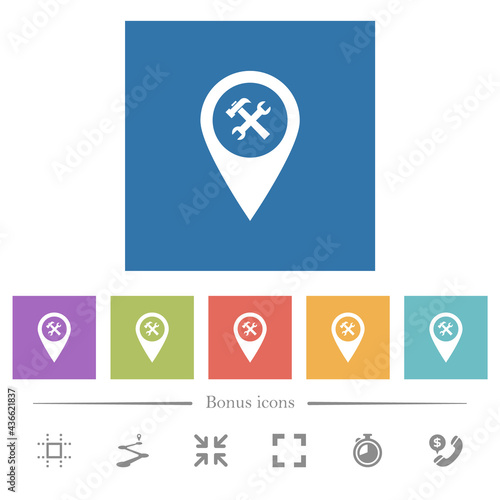 Free Download Workshop service GPS map location flat white icons in square backgrounds - GFXLoad