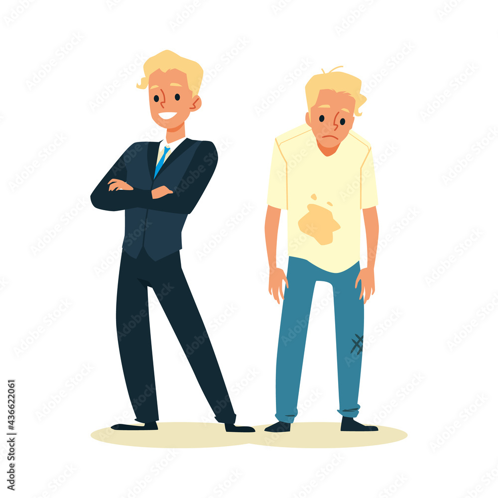 Rich happy man and poor upset person flat vector illustration isolated.
