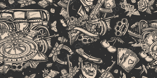 Gangsters pattern. Boss plays saxophone, bandits weapons, retro car, casino, robbers. Traditional tattooing style. Criminal, old noir movie. Retro crime seamless background