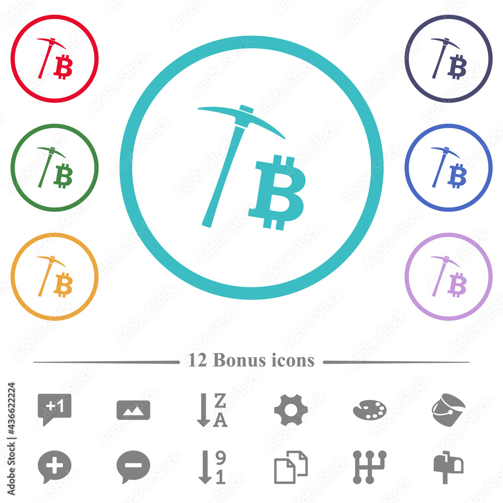Bitcoin cryptocurrency mining flat color icons in circle shape outlines Bitcoin cryptocurrency mining flat color icons in circle shape outlines