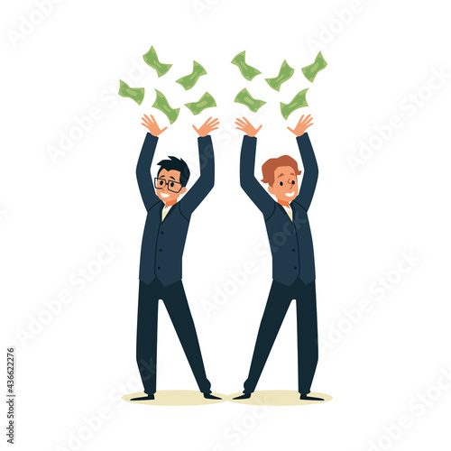 Rich wealthy happy millionaires drop money flat vector illustration isolated.