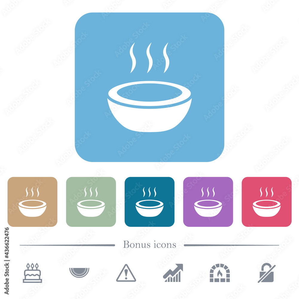 Steaming bowl flat icons on color rounded square backgrounds Steaming bowl flat icons on color rounded square backgrounds