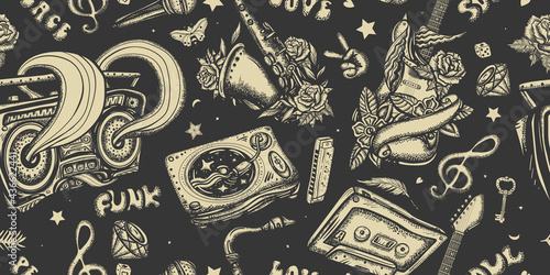 Retro music seamless pattern. Musical instruments. Street lifestyle. Old school tattoo style. Dj vinyl, boom box, rock guitar and saxophone. Funny background. Jazz, funk, disco and soul concept