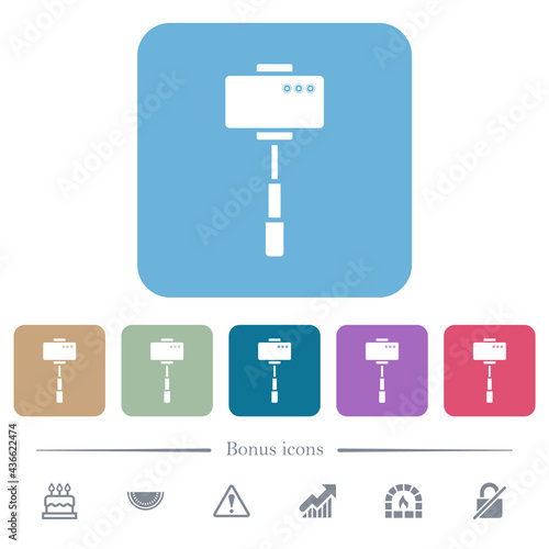 Smartphone on selfie stick back view flat icons on color rounded square backgrounds