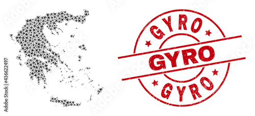 Gyro scratched badge, and Greece map collage of aeroplane items. Collage Greece map designed with air planes. Red badge with Gyro text, and unclean rubber texture. Illustration for transport purposes.