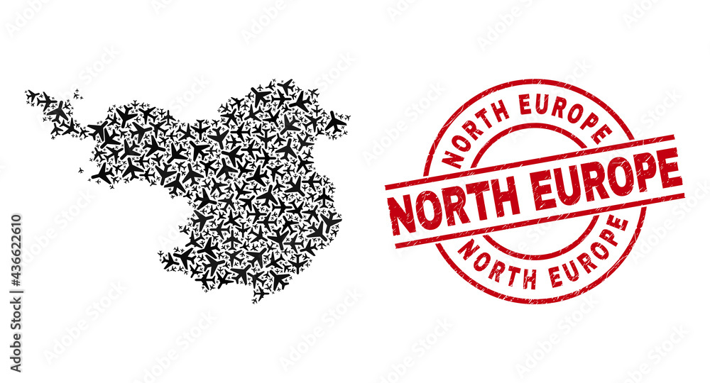 North Europe grunge seal, and Gerona Province map collage of aircraft elements. Mosaic Gerona Province map designed of aircraft. Red seal with North Europe word, and distress rubber texture. North Europe grunge seal, and Gerona Province map collage of aircraft elements. Mosaic Gerona Province map designed of aircraft. Red seal with North Europe word, and distress rubber texture.