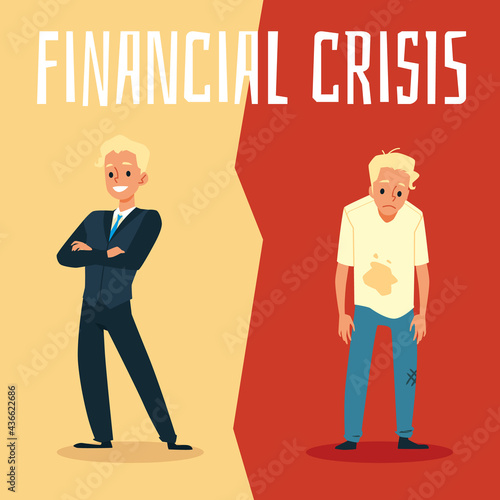 Contrast between rich and poor businessman before and after financial crisis.