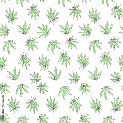 Fototapeta Naklejka Na Ścianę i Meble -  Seamless pattern with green cannabis leaf on white background.