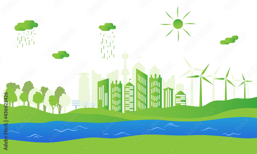 Silhouette of ecological city. Green energy with wind energy and solar panels. Concept of environment conservation.