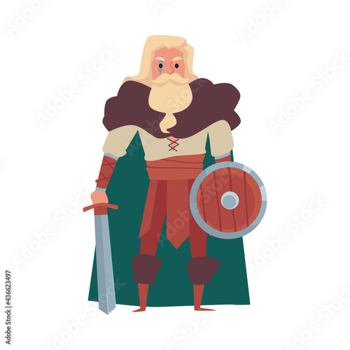 Viking warrior character with sword and shield flat vector illustration isolated.