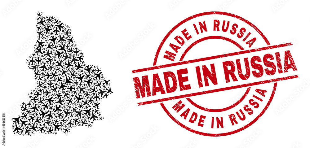 Made in Russia textured seal, and Sverdlovsk Region map mosaic of air plane elements. Mosaic Sverdlovsk Region map constructed using air force symbols. Red seal with Made in Russia tag, Made in Russia textured seal, and Sverdlovsk Region map mosaic of air plane elements. Mosaic Sverdlovsk Region map constructed using air force symbols. Red seal with Made in Russia tag,