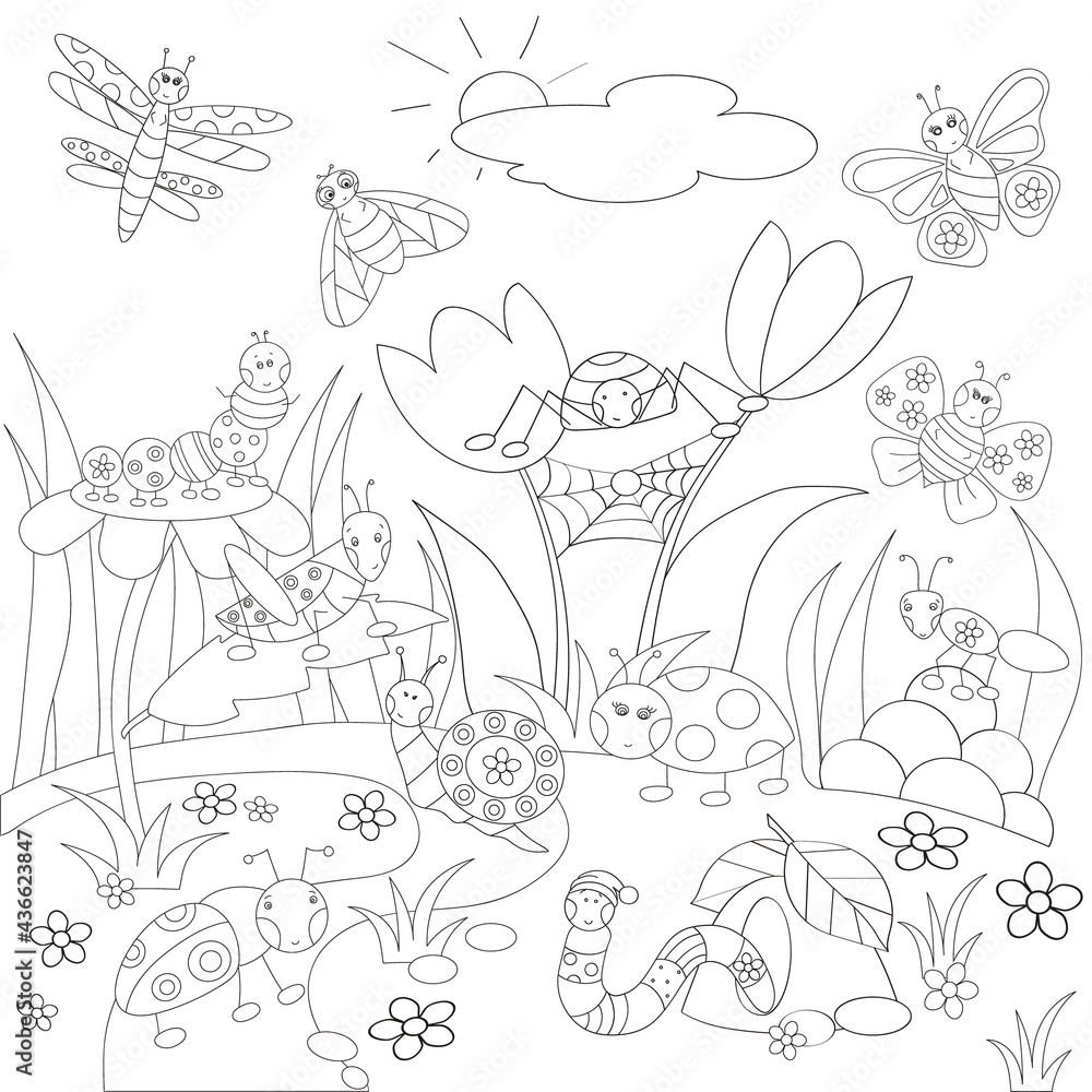 Children's coloring page with cute cartoon insects on the lawn. Large poster for coloring. Vector illustration