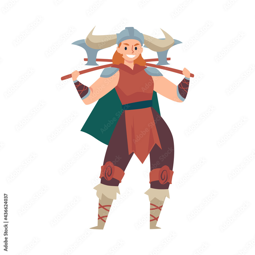 Viking woman warrior armed with axes, flat vector illustration isolated. Viking woman warrior armed with axes, flat vector illustration isolated.