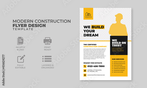 Modern and clean construction flyer design yellow and black layout, a4 poster, a4 brochure, design for construction, real estate, commercial company, ready to print,