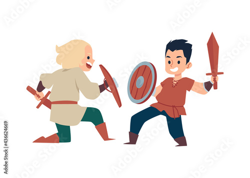 Cartoon viking medieval children fighting, flat vector illustration isolated.