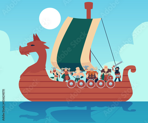 Scandinavian ship drakkar with vikings on board, flat vector illustration.