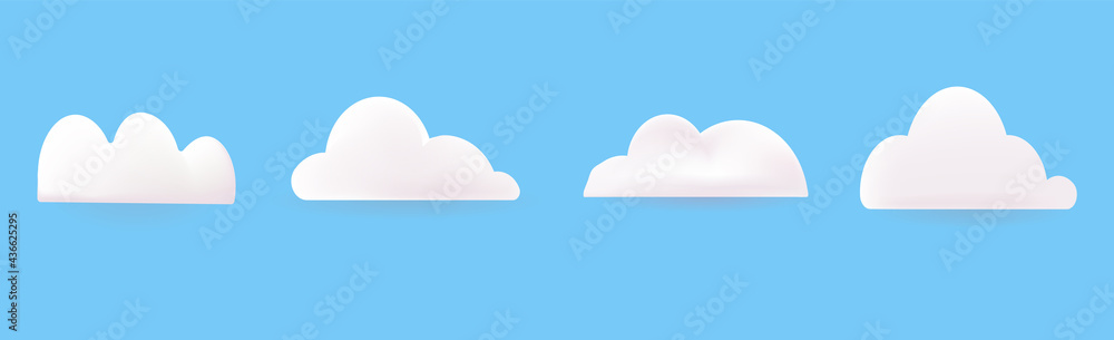 White 3d clouds are fluffy plasticine, isolated on a blue background. Vector illustration. Minimal sky concept White 3d clouds are fluffy plasticine, isolated on a blue background. Vector illustration. Minimal sky concept