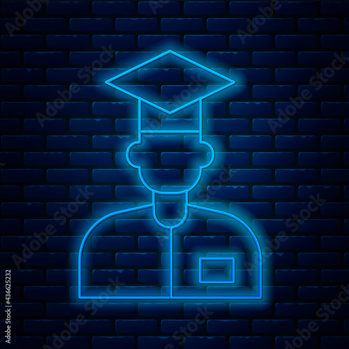 Glowing neon line Laboratory assistant icon isolated on brick wall background. Vector