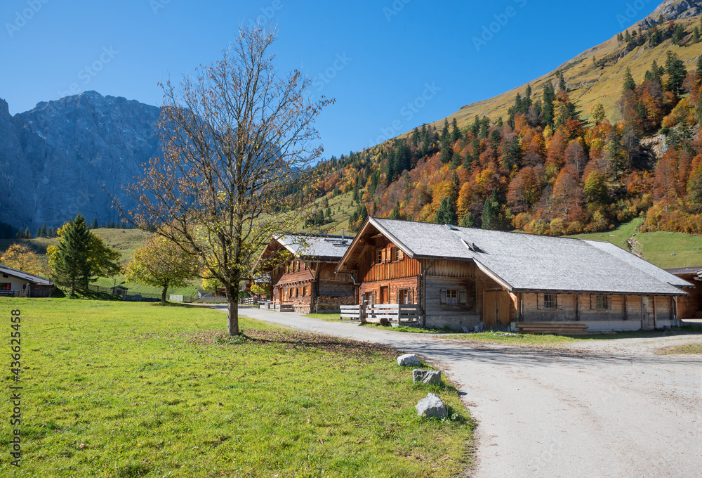 Eng Alm huts at karwendel valley tirol, autumn landscape, famous tourist destination