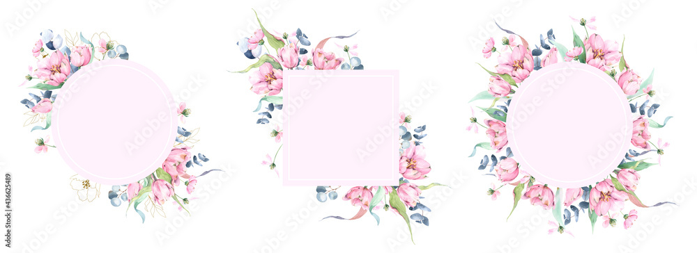 Three pink frames with hand painted watercolor flowers, round floral frames, square watercolor template with tulips, eucalyptus, leaves and branches, composition with spring flowers Three pink frames with hand painted watercolor flowers, round floral frames, square watercolor template with tulips, eucalyptus, leaves and branches, composition with spring flowers