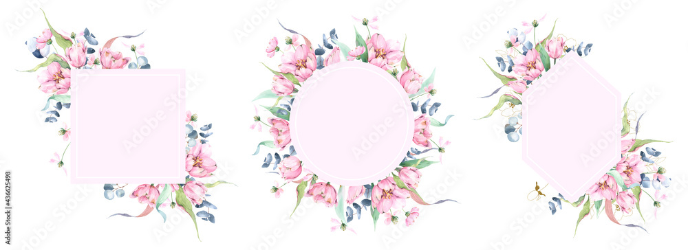 custom made wallpaper toronto digital3 pink frames set with watercolor flowers, square template, round floral composition, diamond frame with floral decoration, post template, floral design, greeting cards template, tulips and eucalyptus