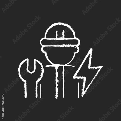 Electrician chalk white icon on dark background. Electrical wiring system installation and maintenance. Operating with electric devices, equipment. Isolated vector chalkboard illustration on black