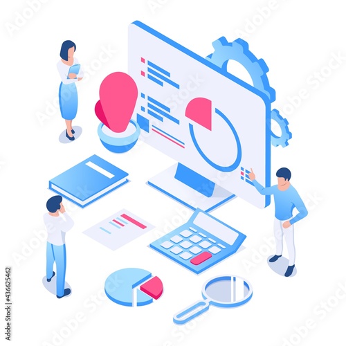 Workflow concept. New project management and development. Planning, setting goals and objectives and their implementation. Vector illustration in isometric style. Isolated on white background