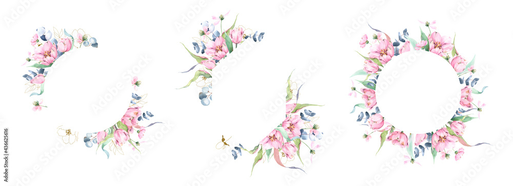 Set of 3 hand painted watercolor floral frames with delicate tulips, spring flowers and grey blue eucalyptus greenery, round botanical frames, spring floral compositions, post templates, diamond frame