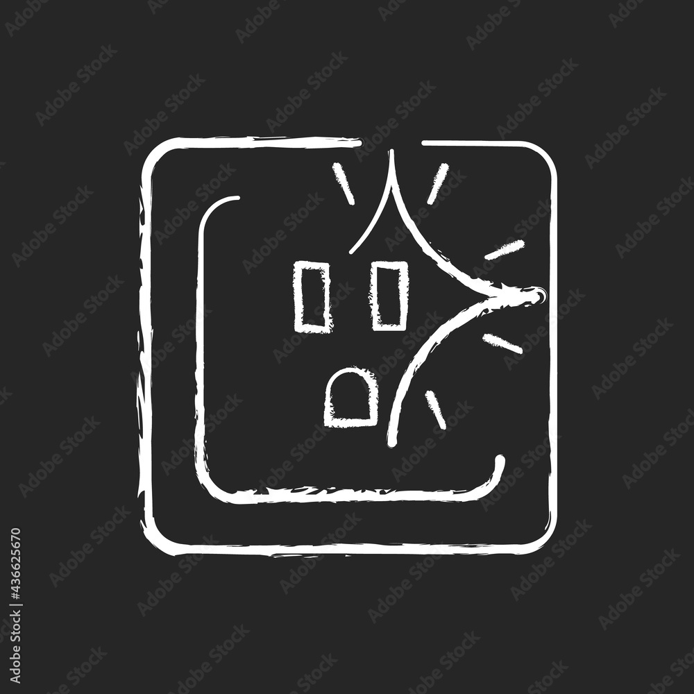 Sparking outlet chalk white icon on dark background. Short circuit. Crackling sounds. Faulty wiring. Water exposure. Damaged electrical wires. Isolated vector chalkboard illustration on black