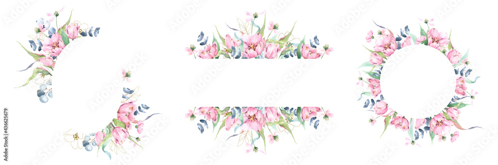 Set of 3 hand painted watercolor frames, oval floral arrangement, square greeting card template, round spring frame, tulips, eucalyptus, botanical art, post template, garden, flowers Set of 3 hand painted watercolor frames, oval floral arrangement, square greeting card template, round spring frame, tulips, eucalyptus, botanical art, post template, garden, flowers