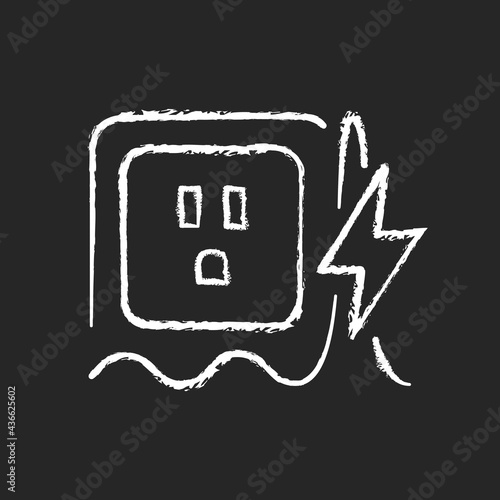 Power surge chalk white icon on dark background. Brief overvoltage spikes. Unexpected electricity flow interruption. Electrical fire risk. Isolated vector chalkboard illustration on black