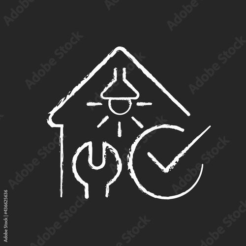 Electrical safety inspection chalk white icon on dark background. Examination for electrical wiring damage. Appliances checkup for suitability. Isolated vector chalkboard illustration on black