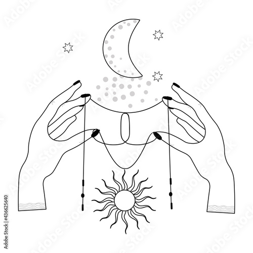 Two hands with precious threads on a white background. Boho design for palmistry, fortune teller divination, witch. Magic vector line illustration.
