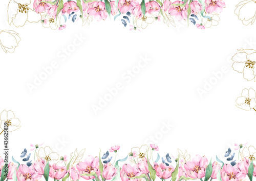 Invitation, greeting card template with hand painted feminine watercolor floral border, pink tulip flowers, green foliage, blue eucalyptus, watercolor template design, horizontal, rectangular, spring