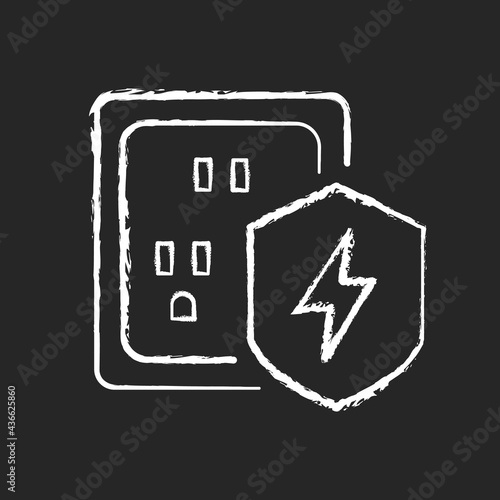 Surge protection chalk white icon on dark background. Electrical installation protection. Voltage spikes prevention. Equipment safety in household. Isolated vector chalkboard illustration on black