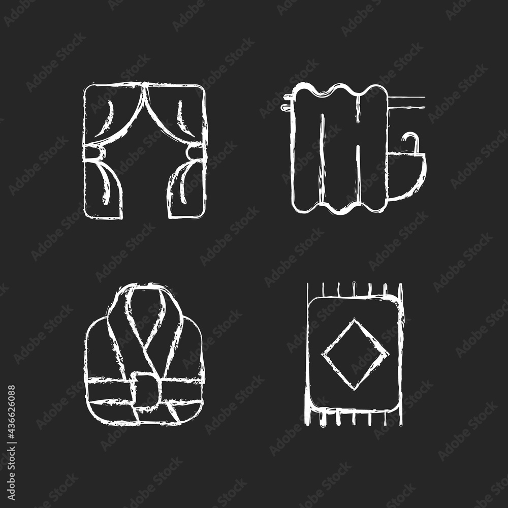Home textile items chalk white icons set on dark background. Window blinds. Bathroom curtain. Bath robes. Floor carpet. Material home products. Isolated vector chalkboard illustrations on black Home textile items chalk white icons set on dark background. Window blinds. Bathroom curtain. Bath robes. Floor carpet. Material home products. Isolated vector chalkboard illustrations on black