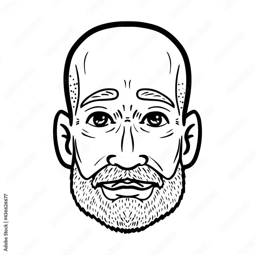 monochrome comic head of a bald man with a full beard. avatar, outline.