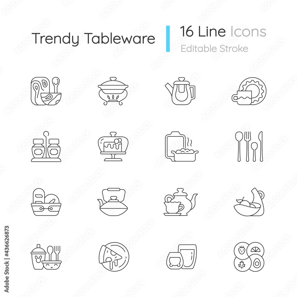 Trendy tableware linear icons set. Irregular shape tableware. Vintage dinningware. Food warming tray. Customizable thin line contour symbols. Isolated vector outline illustrations. Editable stroke