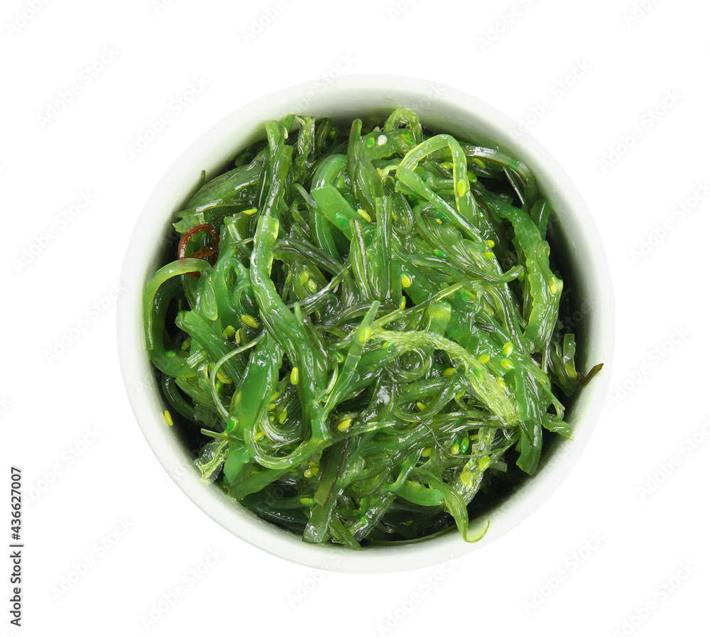 Japanese seaweed salad in bowl isolated on white, top view Japanese seaweed salad in bowl isolated on white, top view