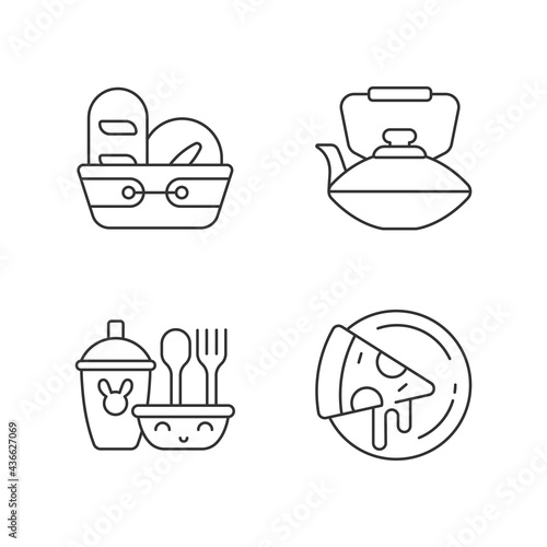 Kitcken dinnerware linear icons set. Kitchen bread basket. Pizza plates for pizzerias. Chinese teapot. Customizable thin line contour symbols. Isolated vector outline illustrations. Editable stroke photo