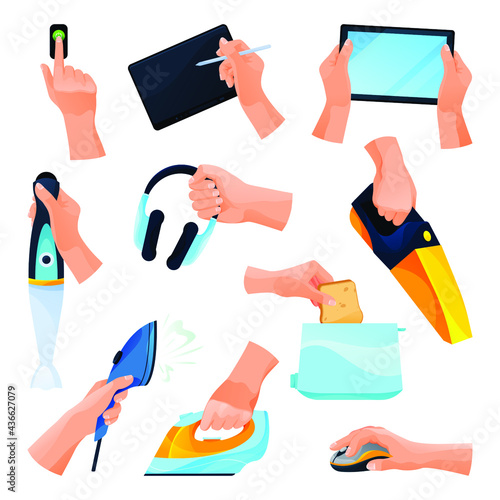 Electrical appliances or devices, hands icons set. Hand holds tablet, blender, headphones, vacuum cleaner, make fry tost, ironning. Vector equipment for PC, cooking and houseworking.