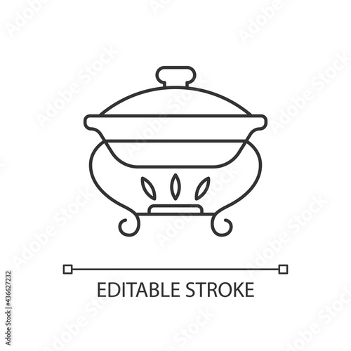 Warming tray linear icon. Chafing dish for storing foods. Container which keeps meals warm. Thin line customizable illustration. Contour symbol. Vector isolated outline drawing. Editable stroke