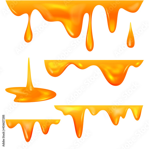 Honey drops or bee honey liquid drips and leak. Sweet natural bee product elements for banner or card decoration, advertising. Vector honeyed ornamental set.