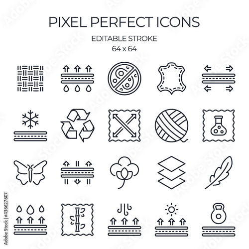 Fabric features related editable stroke outline icons set isolated on white background flat vector illustration. Pixel perfect. 64 x 64.