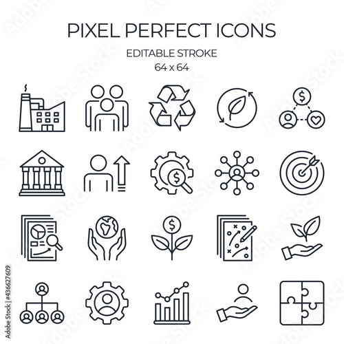 ESG concept environmental, social, and corporate governance related editable stroke outline icons set  isolated on white background flat vector illustration. Pixel perfect. 64 x 64.