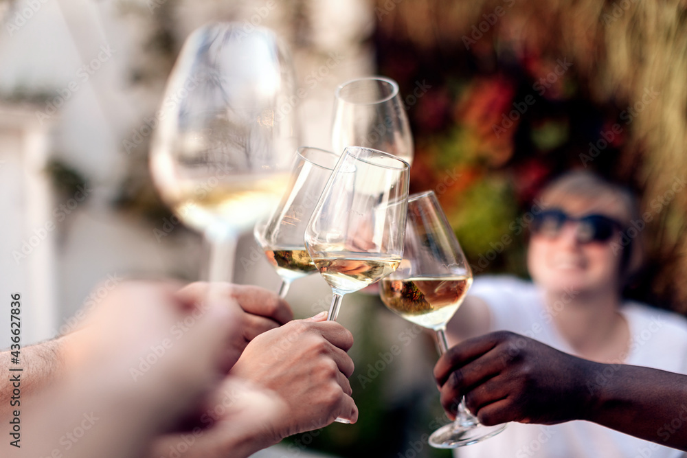 toast with white wine. multiracial people clinking glasses with wine on terrace, cafe, restaurant, party. toast with white wine. multiracial people clinking glasses with wine on terrace, cafe, restaurant, party.
