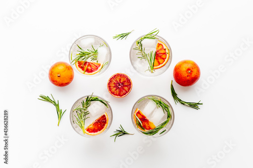 Summer cocktails with blood orange grapefruit and ice. Top view