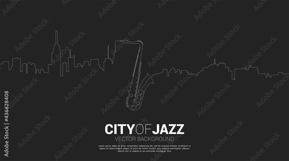 Vector silhouette of saxophone with city from one line. Concept for city of jazz music. - obrazy, fototapety, plakaty 