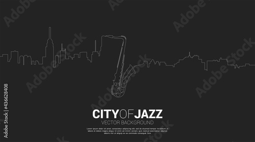 Vector silhouette of saxophone with city from one line. Concept for city of jazz music.