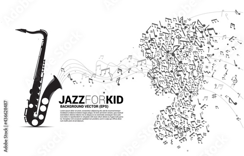 Vector saxophone and child from dancing flow shape music note . Concept background music for kid and children.